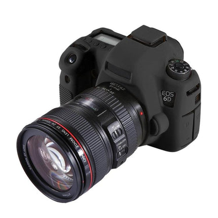 PULUZ Soft Silicone Protective Case for Canon EOS 6D Camera fitted on black Canon EOS 6D with lens, showing textured grip and button access