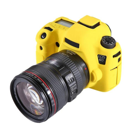 PULUZ Soft Silicone Protective Case for Canon EOS 6D Camera in bright yellow fitted on Canon EOS 6D with lens, protective non-slip silicone cover
