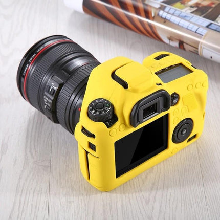 PULUZ Soft Silicone Protective Case for Canon EOS 6D Camera fitted on yellow Canon EOS 6D showing rear LCD and lens