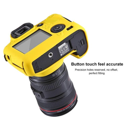 PULUZ Soft Silicone Protective Case for Canon EOS 6D Camera in yellow showing snug fit and precise button access