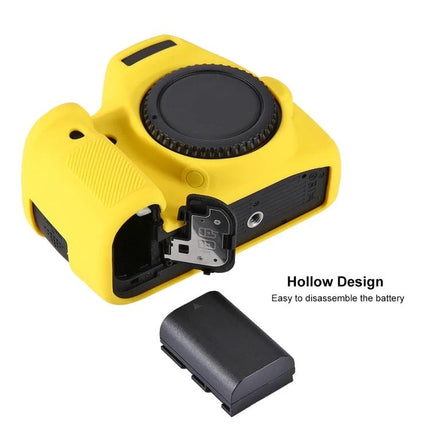 PULUZ Soft Silicone Protective Case for Canon EOS 6D Camera in yellow showing hollow design with battery compartment open