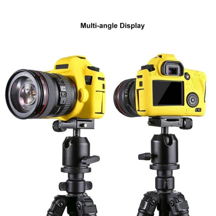 PULUZ Soft Silicone Protective Case for Canon EOS 6D Camera shown in yellow on camera mounted on tripod, multi-angle display