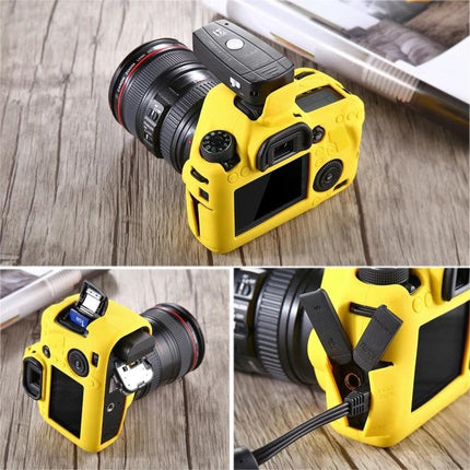 PULUZ Soft Silicone Protective Case for Canon EOS 6D Camera in bright yellow fitted on DSLR showing access to ports and controls