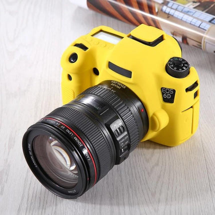 PULUZ Soft Silicone Protective Case for Canon EOS 6D Camera fitted on yellow Canon EOS 6D showing lens and textured grip