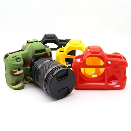 PULUZ Soft Silicone Protective Case for Canon EOS 6D Camera in camo, black, yellow and red showing full-body silicone camera covers