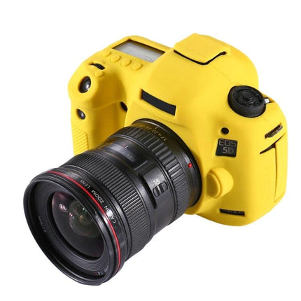 PULUZ Silicone Protective Case for Canon EOS 5D Mark III in bright yellow fitted on DSLR to protect from scratches dust and minor impacts