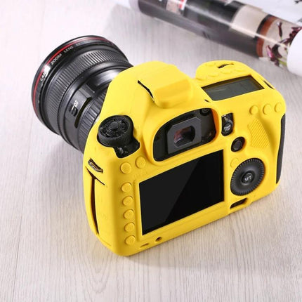 PULUZ Silicone Protective Case for Canon EOS 5D Mark III shown in bright yellow on camera protecting body and controls