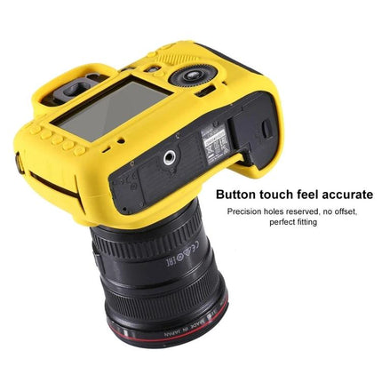 PULUZ Silicone Protective Case for Canon EOS 5D Mark III in yellow showing snug fit, button access and protection for camera body and lens (scratch and dust shield)