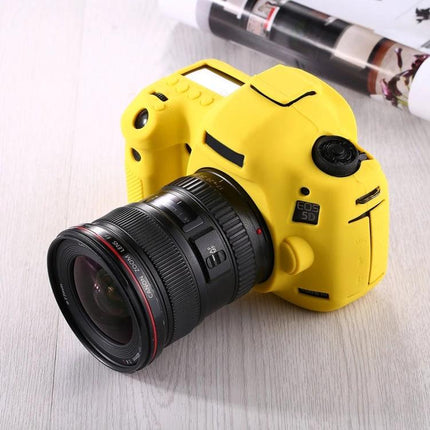 PULUZ Silicone Protective Case for Canon EOS 5D Mark III in bright yellow fitted on DSLR to protect against scratches dust and minor impacts