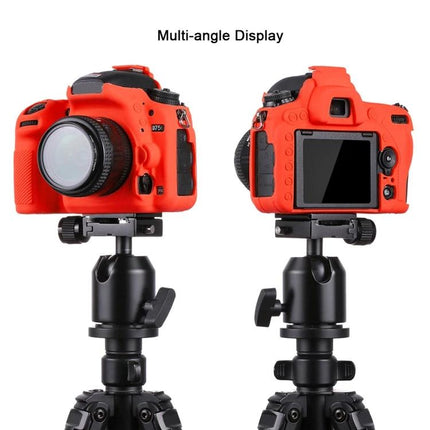 PULUZ Soft Silicone Protective Case for Nikon D750 Camera shown in red on camera front and rear views mounted on a tripod