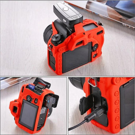 PULUZ Soft Silicone Protective Case for Nikon D750 Camera in red fitted on D750 showing rear screen, ports and battery access