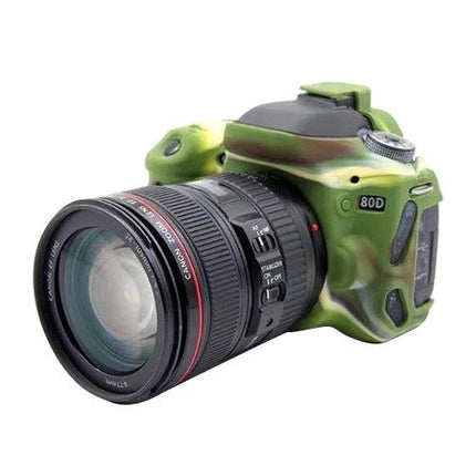 PULUZ Soft Silicone Protective Case for Canon EOS 80D Camera in camo green protecting body and grip during outdoor shoots