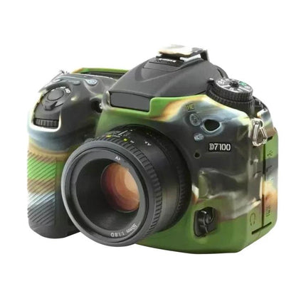 PULUZ Soft Silicone Protective Case for Nikon D7200 Cameras in camouflage green fitted on DSLR showing full button access and lens opening