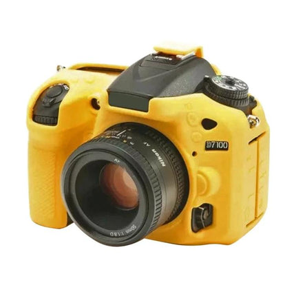 PULUZ Soft Silicone Protective Case for Nikon D7200 Cameras on yellow DSLR showing full access to buttons and lens