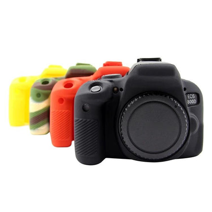 PULUZ Soft Silicone Protective Case for Canon EOS 800D Camera in black on camera body, extra red, camo and yellow silicone covers shown