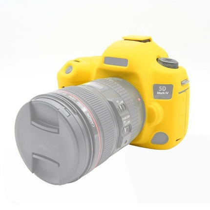 PULUZ Soft Silicone Protective Case for Canon EOS 5D Mark IV in bright yellow fitted on DSLR to protect against scratches and dust