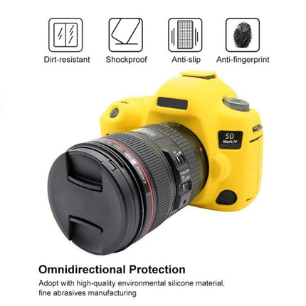 PULUZ Soft Silicone Protective Case for Canon EOS 5D Mark IV in yellow on a DSLR showing shockproof, anti-slip and anti-fingerprint protection