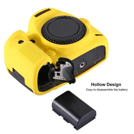 PULUZ Soft Silicone Protective Case for Canon EOS 5D Mark IV yellow silicone cover showing open battery compartment and removed battery