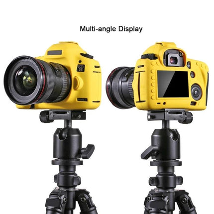 PULUZ Soft Silicone Protective Case for Canon EOS 5D Mark IV shown in yellow on camera from front and rear views on tripod