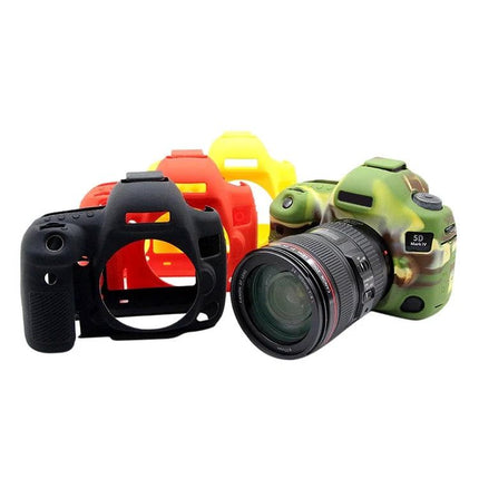 PULUZ Soft Silicone Protective Case for Canon EOS 5D Mark IV displayed in black red yellow and camouflage, protecting camera body while allowing access to controls