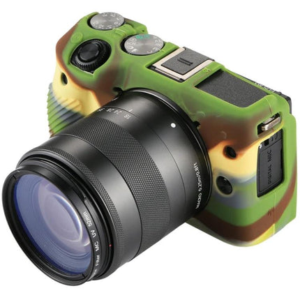 PULUZ Soft Silicone Protective Case for Canon EOS M3 in camouflage green on mirrorless camera showing lens access and control openings