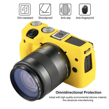 PULUZ Soft Silicone Protective Case for Canon EOS M3 fitted on yellow camera showing lens access and anti-slip, dirt-resistant protection