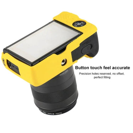 PULUZ Soft Silicone Protective Case for Canon EOS M3 in yellow on mirrorless camera showing precise button cutouts and rear LCD access