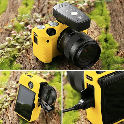 PULUZ Soft Silicone Protective Case for Canon EOS M3 in yellow on camera showing ports, controls and hotshoe access, travel-ready protection