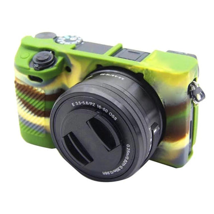 PULUZ Soft Silicone Protective Case for Sony A6300 A6400 in green camo on camera body, stretchable durable silicone protection