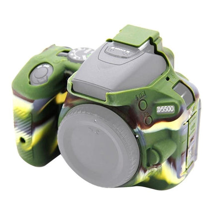 PULUZ Soft Silicone Protective Case for Nikon D5500/D5600 in green camo on camera body, stretchable durable silicone sleeve protecting controls and grip