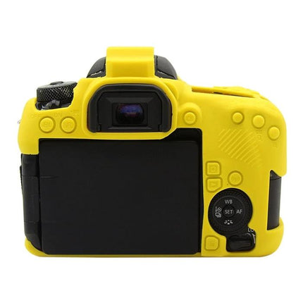 PULUZ Soft Silicone Protective Case for Canon EOS 77D Camera in bright yellow shown on rear of camera to protect against scratches and impacts