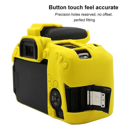 PULUZ Soft Silicone Protective Case for Canon EOS 77D Camera in bright yellow shown fitted on camera, precise button cutouts and access to ports