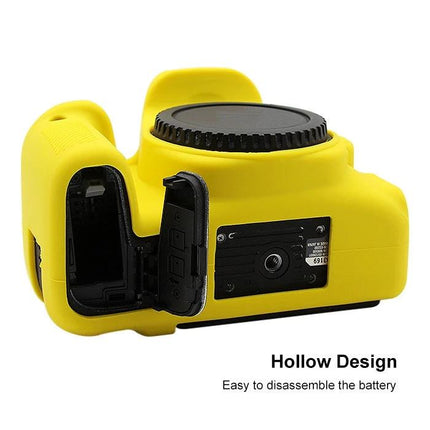 PULUZ Soft Silicone Protective Case for Canon EOS 77D Camera - yellow protective silicone cover showing battery door access and hollow design