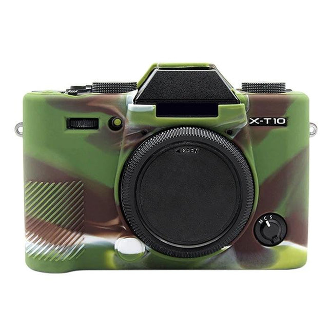 PULUZ Soft Silicone Protective Case for Fujifilm X-T20 Camera in camouflage green fitted on camera body protecting against scratches and dust