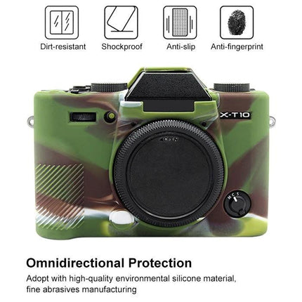 PULUZ Soft Silicone Protective Case for Fujifilm X-T20 Camera camo silicone cover shown on camera front, dirt-resistant shockproof anti-slip anti-fingerprint