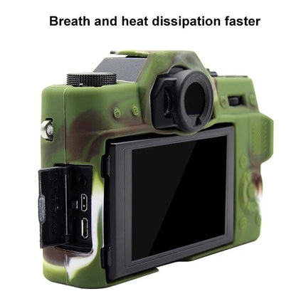 PULUZ Soft Silicone Protective Case for Fujifilm X-T20 Camera in green camouflage showing back view, ports and LCD screen protection