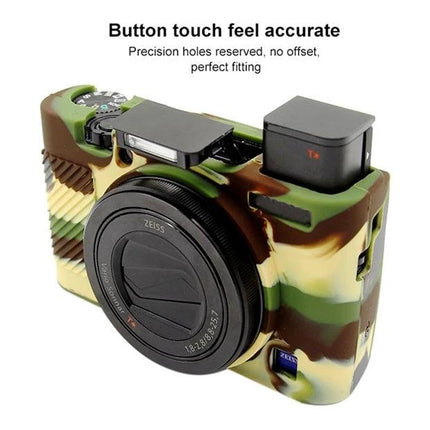 PULUZ Silicone Case to Protect Sony RX100 Cameras - camo silicone protective cover showing precise button cutouts and full access
