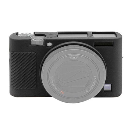PULUZ Silicone Case to Protect Sony RX100 Cameras shown fitted on black Sony RX100 camera, soft stretchable silicone protection
