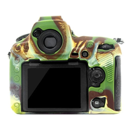 PULUZ Soft Silicone Protective Case for Nikon D850 Camera in green brown camouflage, back view showing LCD and control access