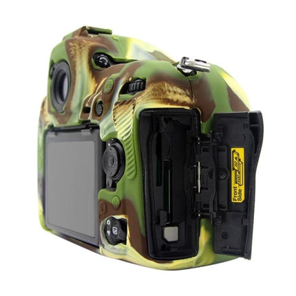 PULUZ Soft Silicone Protective Case for Nikon D850 Camera camo silicone cover shown on Nikon D850 with open memory card door, protecting body from scratches and impacts