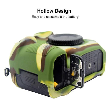 PULUZ Soft Silicone Protective Case for Nikon D850 Camera in camouflage showing hollow design and open battery compartment