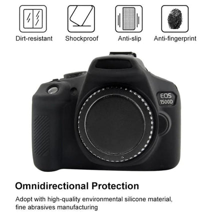 PULUZ Soft Silicone Protective Case for Canon EOS 1300D and 1500D Cameras black soft-fit cover showing front view with lens cap and protection icons