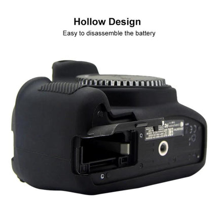 PULUZ Soft Silicone Protective Case for Canon EOS 1300D and 1500D Cameras showing hollow design and battery compartment access