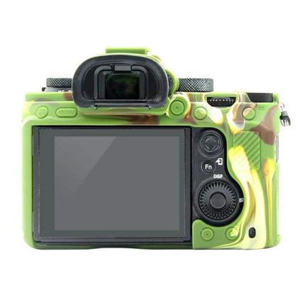 PULUZ Soft Silicone Protective Case for Sony A9 and A7 Cameras shown on camera back with camouflage green silicone cover