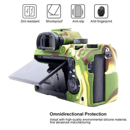 PULUZ Soft Silicone Protective Case for Sony A9 and A7 Cameras camo green case showing tilted LCD, ports access, dirt-resistant shockproof anti-slip protection