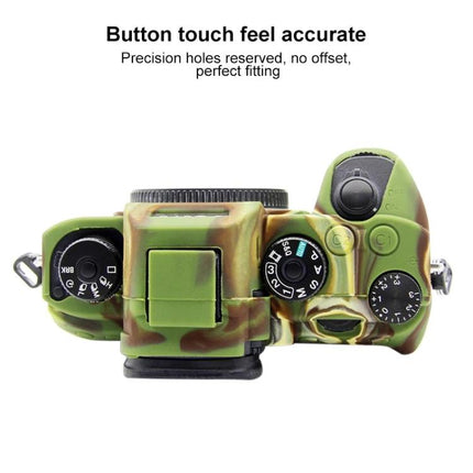 PULUZ Soft Silicone Protective Case for Sony A9 and A7 Cameras top view camo green showing precise button cutouts and access