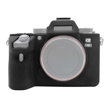 PULUZ Soft Silicone Protective Case for Sony A9 and A7 Cameras on black mirrorless camera showing front view, stretchable durable silicone protection