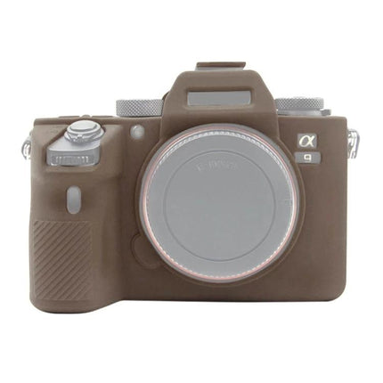 PULUZ Soft Silicone Protective Case for Sony A9 and A7 Cameras - brown silicone camera cover showing front view with lens cap