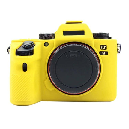PULUZ Soft Silicone Protective Case for Sony A9 and A7 Cameras in bright yellow fitted on camera body