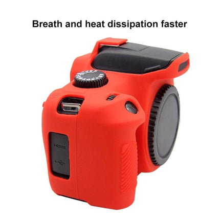 PULUZ Soft Silicone Protective Case for Canon EOS 3000D / 4000D in red on camera body showing ports and heat dissipation design